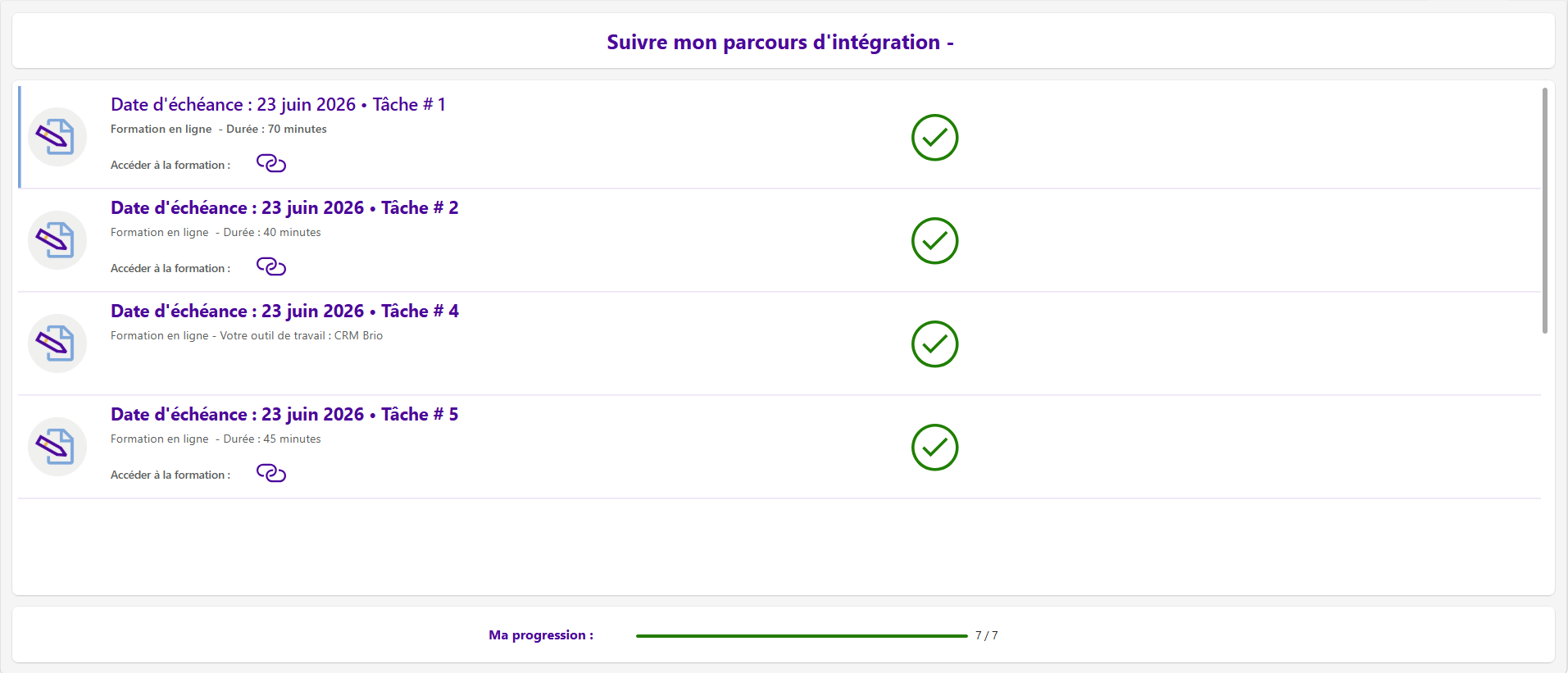Écran de suivi du parcours d'intégration pour l'employé